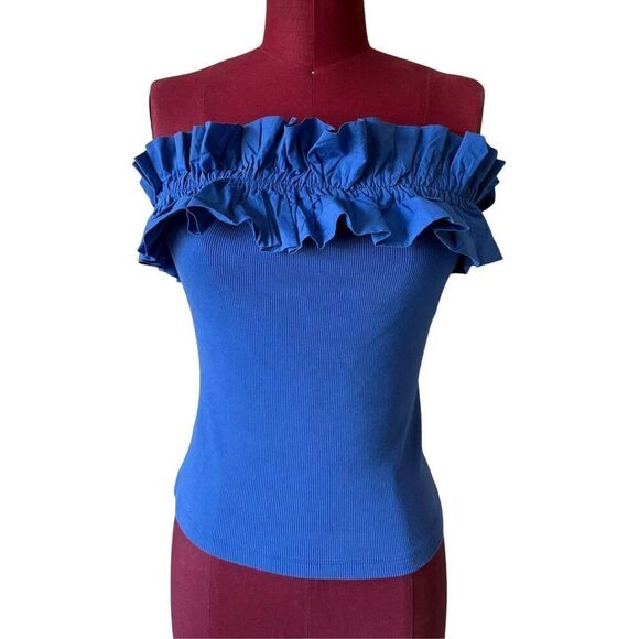 Anthropologie Maeve Poplin Ruffle Top strapless size M Blue - Picture 3 of 10